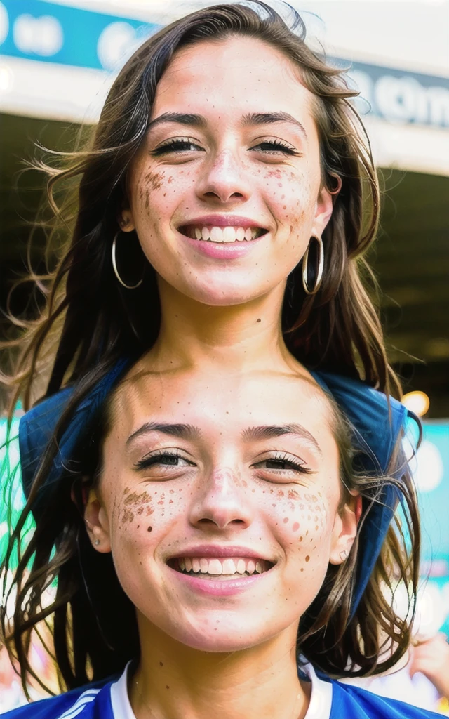 Generate a high-quality, realistic image of a person smiling at a soccer stadium celebration with friends in street clothes. The image must be detailed, with neutral lighting, a generic background, with a smiling facial expression, so that it can be easily adjusted and improved in Photoshop. Also, include natural imperfections on the faces (like pimples, freckles, blemishes), nothing exaggerated so I can edit these details in photoshop. These images will be used for editing for a portfolio, so it is important that they are well defined and have high resolution. HD, 300pix/pol