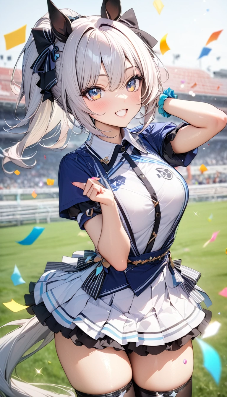 ((最high quality, 8K, masterpiece)), High resolution、(high quality: 1.5)、Very detailed、Detailed face、Bright colors、Natural light、Fine grain、Colorful eyes、Beautiful Face、非常にDetailed faceのテクスチャの女性,masterpiece, 最high quality, Detailed and beautiful eyes,最high quality、Best image quality、masterpiece、Mr.々Hairstyle,Just beautiful,独奏,smile,Very smiling,Super cute,Happy pose,Confetti,(Dazzling:1.3),(Win a race),(bless),(Toast),(Fictional Horse Girl),(Fictional Horse Girlのデザイン),New Uma Musume design,Dress up,(Frills),skirt,Knee-high,Competition clothes,accessories,Horse ears,Horse tail,Posing,Dynamic Composition,field,masterpiece,最high quality、so beautiful、High resolution,((Glamorous Body)))(masterpiece:1.2)、(最high quality:1.2)、Latest Glossy Skin