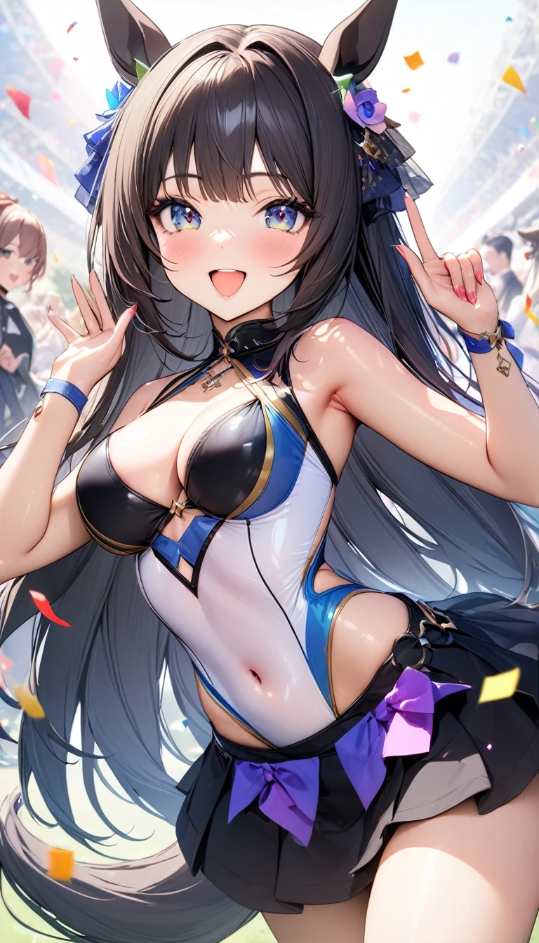 ((最high quality, 8K, masterpiece)), High resolution、(high quality: 1.5)、Very detailed、Detailed face、Bright colors、Natural light、Fine grain、Colorful eyes、Beautiful Face、非常にDetailed faceのテクスチャの女性,masterpiece, 最high quality, Detailed and beautiful eyes,最high quality、Best image quality、masterpiece、Mr.々Hairstyle,Just beautiful,独奏,smile,Very smiling,Super cute,Happy pose,Confetti,(Dazzling:1.3),(Win a race),(bless),(Toast),(Fictional Horse Girl),(Fictional Horse Girlのデザイン),New Uma Musume design,Dress up,(Frills),skirt,Knee-high,Competition clothes,accessories,Horse ears,Horse tail,Posing,Dynamic Composition,field,masterpiece,最high quality、so beautiful、High resolution,((Glamorous Body)))(masterpiece:1.2)、(最high quality:1.2)、Latest Glossy Skin