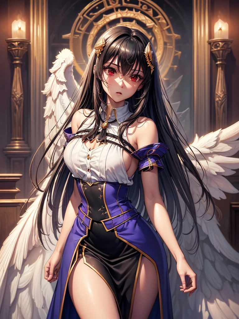 ((best quality)),(Ultra-high resolution),(Super detailed),(Detailed description),((Best CG))(Fantasy art with precise details:1.5), Black Hair，European classical long dress，(1 Female Angel:1.6),Angel Wings，side，Injuried，Blood，，Serious expression