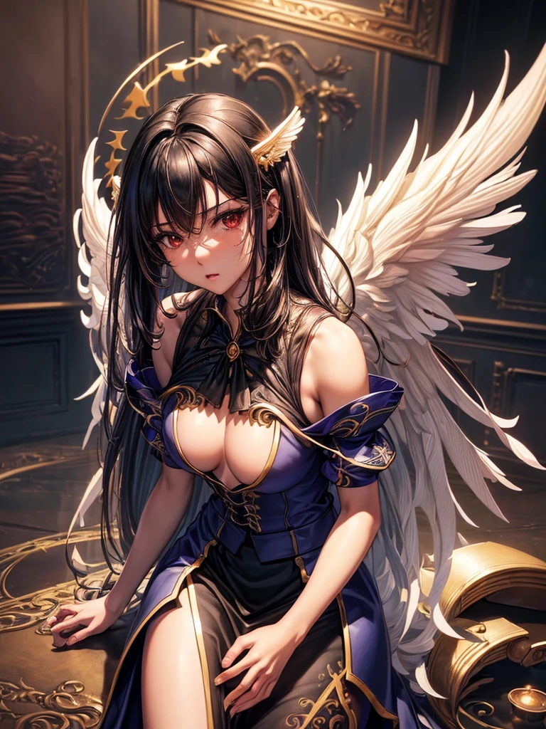 ((best quality)),(Ultra-high resolution),(Super detailed),(Detailed description),((Best CG))(Fantasy art with precise details:1.5), Black Hair，European classical long dress，(1 Female Angel:1.6),Angel Wings，side，Injuried，Blood，，Serious expression