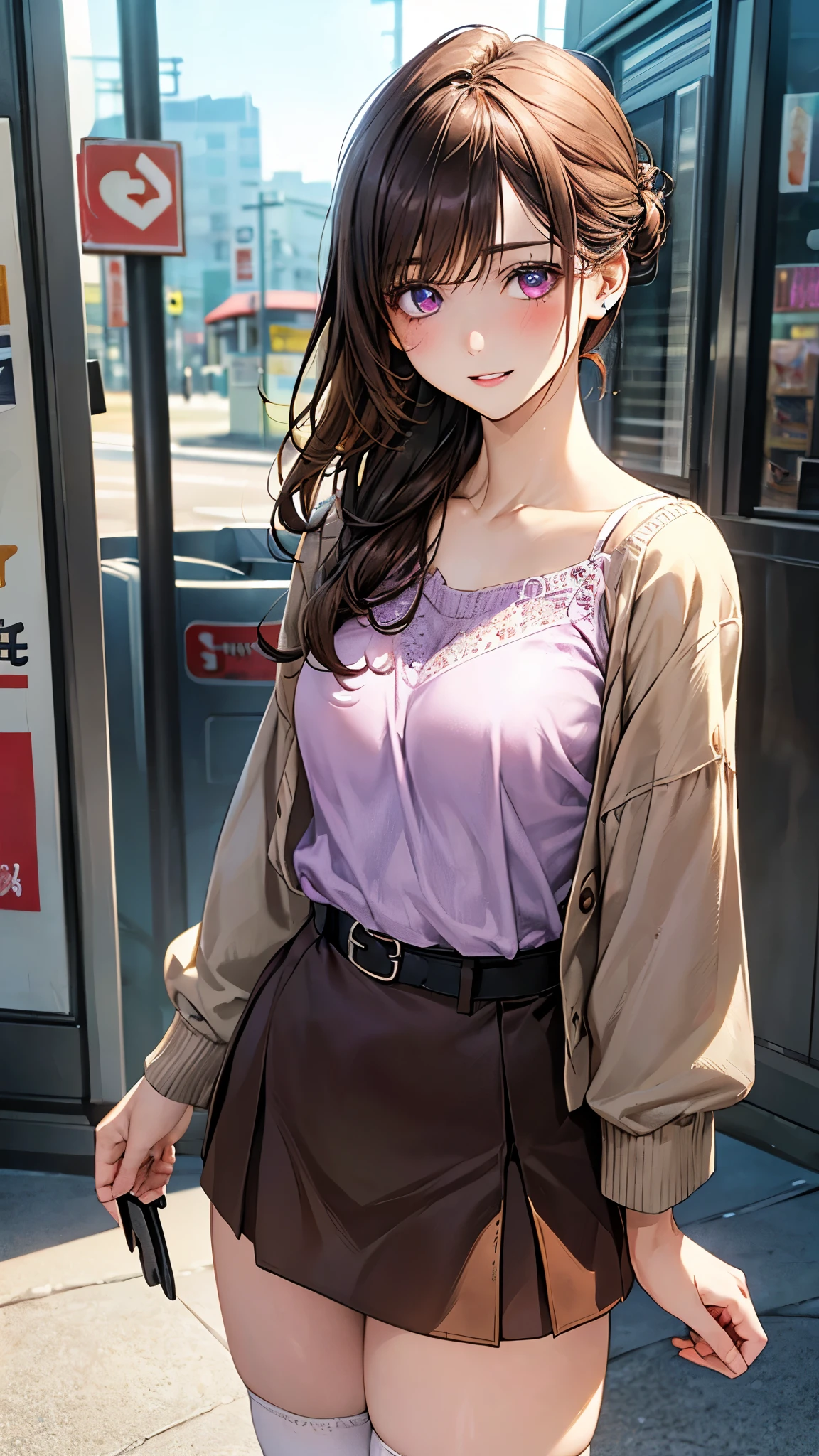 (masterpiece:1.2, top-quality), (realistic, photorealistic:1.4), beautiful illustration, (natural side lighting, movie lighting), nsfw,
looking at viewer, 1 girl, japanese, high school girl, perfect face, cute and symmetrical face, shiny skin,
(long hair:1.2, half updo:1.5, sideburns:1.8, burnt umber hair), asymmetrical bangs, purple eyes, drooping eyes, big eyes, long eye lasher, (medium breasts, thin thighs), slender,
beautiful detailed hair, beautiful detailed face, beautiful detailed eyes, beautiful clavicle, beautiful body, beautiful chest, beautiful thigh, beautiful legs, beautiful fingers,
(purple tunic jacket, white knit camisole, brown skater skirt, belt), brown thigh-highs, skin dendation,
(beautiful scenery), evening, (In front of the convenience store), standing, (lovely smile, upper eyes, parted lips),