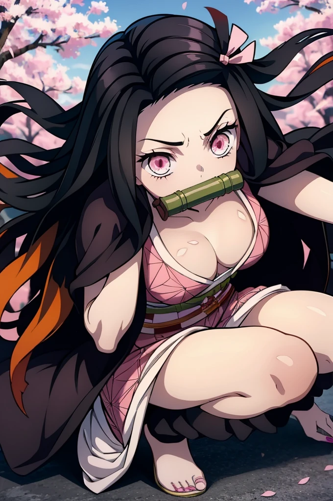 1 woman, full body, nezuko kamado oni mode, with bamboo in her mouth, demon slayer, Kimetsu no yaiba, beautiful, long hair, pink eyes, perfect, ultra hd, naked, showing her breasts, showing her pussy, nails like claws, perfect feet, demon slayer scenario, under a sakura tree, sakura leaves falling from the sky face orgasm