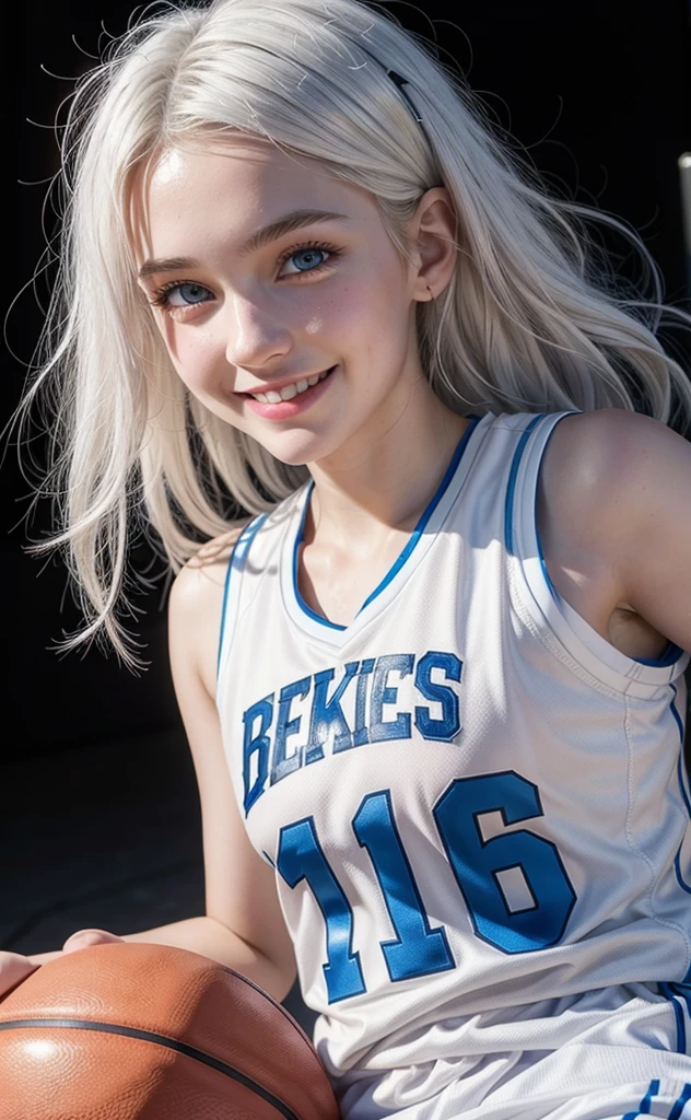 Basketball player, 16 year old girl with white hair, white skin and blue eyes, smiling