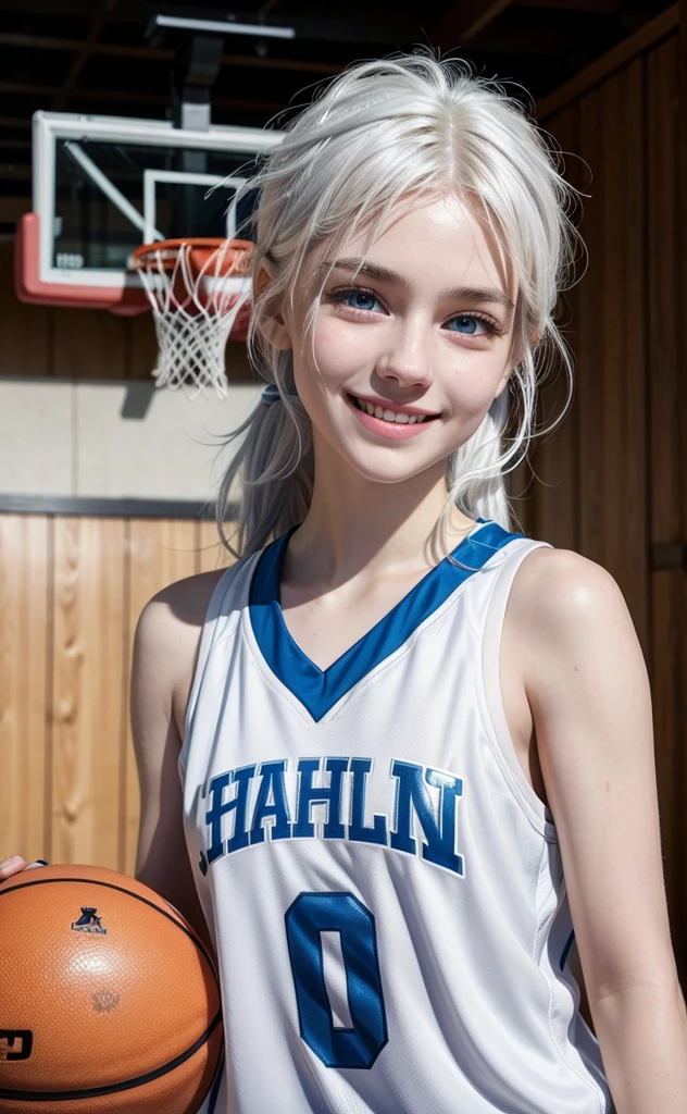 Basketball player, girl with white hair, white skin and blue eyes, smiling