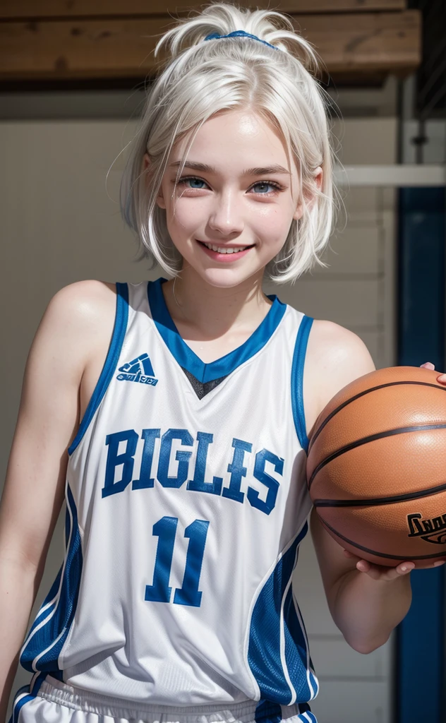 Basketball player, 16 year old girl with white hair, white skin and blue eyes, smiling
