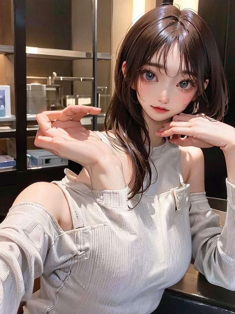 (highest resolution、clear_image)highest quality、woman、very detailed、semi-realistic、light cream hair、short hair、Long neckline、gray eyes、21 years old、shoulder length hair、mature、young、V-neck sweater、exquisite features、Cowboy Shot、Brown Eyes、Waist up shot