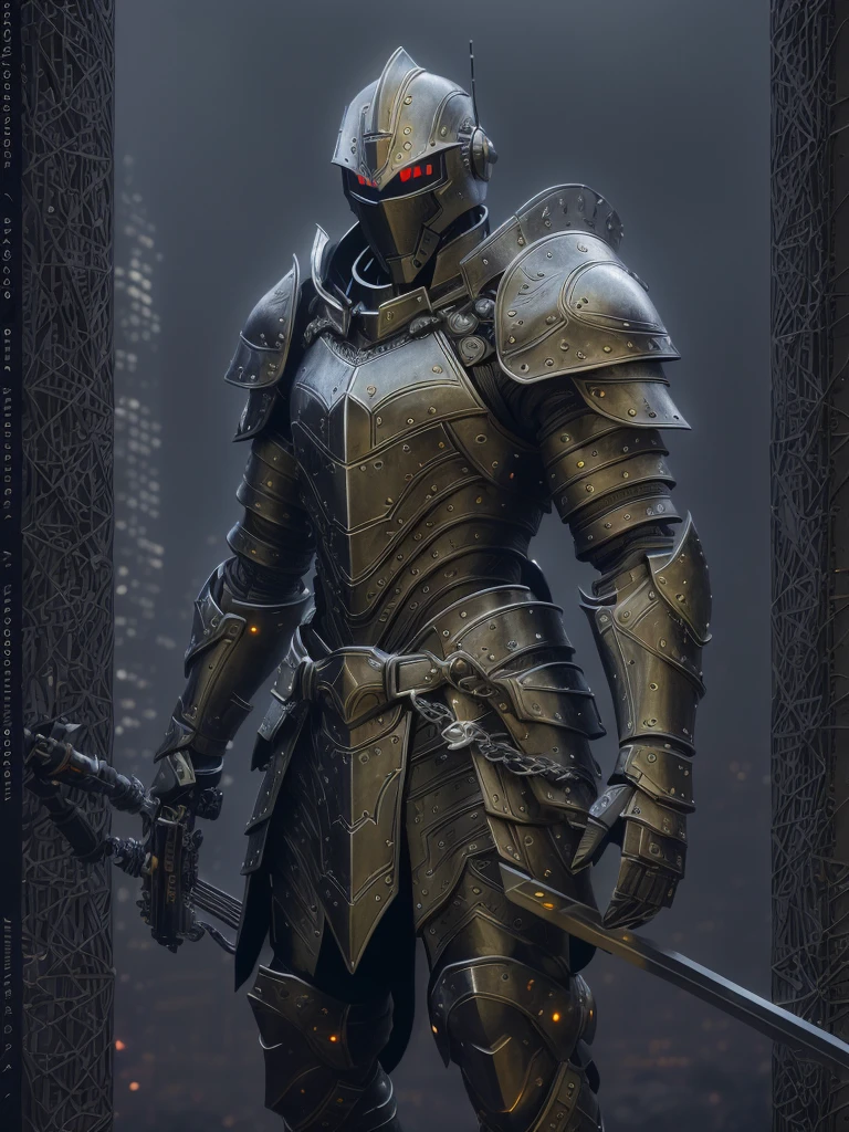 a Warforged in chain mail armor, full body portrait, anime style line art, heavy ink weight, intricate mechanical details, complex armor design, dynamic pose, heroic expression, moody lighting, dark color palette, cinematic composition, volumetric fog, dramatic shadows, (best quality,4k,8k,highres,masterpiece:1.2),ultra-detailed,(realistic,photorealistic,photo-realistic:1.37)