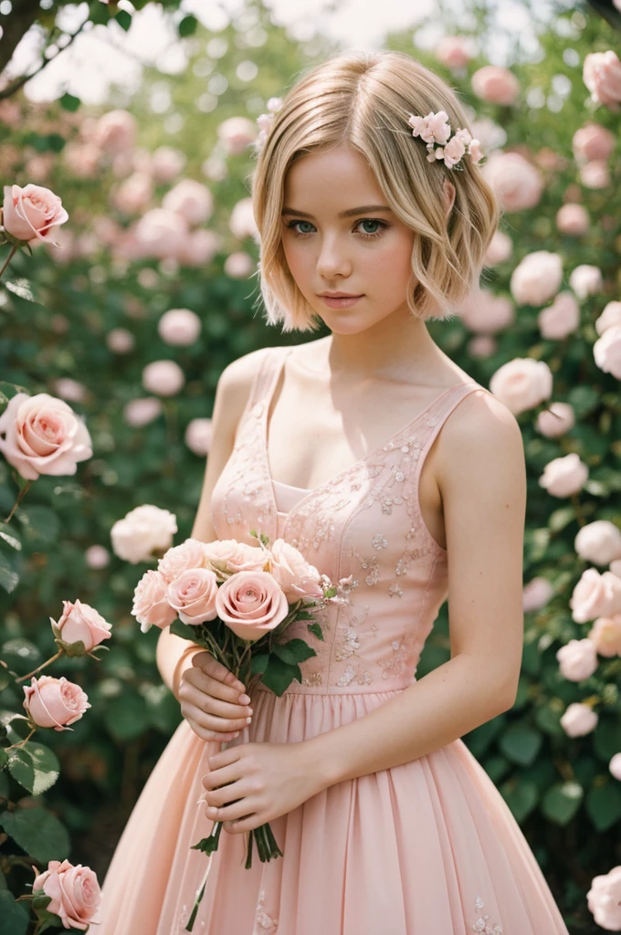 8k, photo and gross, fujifilm, Style photography of a beautiful young girl like Avril in a light pink rose garden. (very detailed skin: 1.2) Style-Petal BREAK short hair, blonde hair with colored highlights, wearing a dress, film grain, 35mm, beautiful style