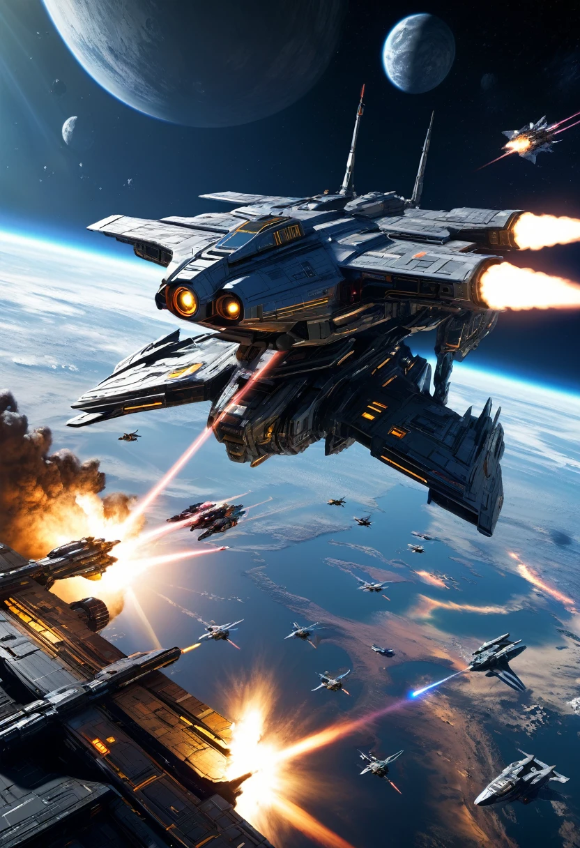 Massive space battles、Huge fleet of futuristic spaceships、Epic space opera、Intense space combat、Sophisticated and advanced spacecraft、Advanced Missile Systems、Powerful laser beam、Dramatic lighting、Cinematic atmosphere、Dynamic camera angles、Very detailed、Photorealistic、8K、HDR、Hyperrealistic、Cinematic lighting、Volumetric Fog、Stunning visual effects、Dramatic science fiction、Mecha Elements、Retro-futuristic design、Hard Surface Modeling、Award-winning concept art
