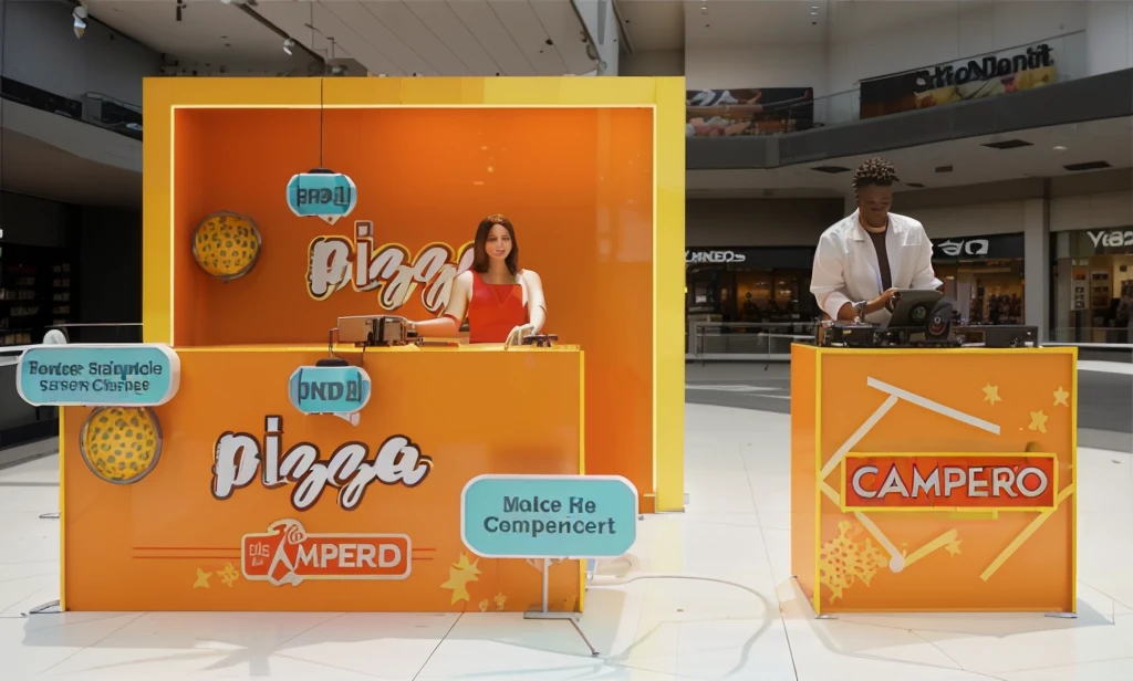 take in shopping center, three stands to promote, a male dj behind one of the stands, dj turntable, woman between two stands, modern natural and artificial light.