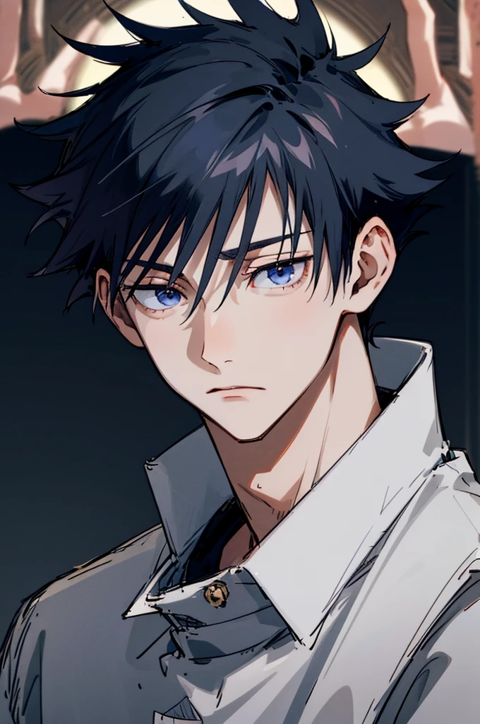 top quality :(top quality),(top quality),(masterpiece),(detailed), perfect face,(detailed),(detailed), perfect face,(detailed), perfect face,(detailed), perfect face,(detailed), perfect face,(detailed),(detailed) fushiguro megumi, 1 boy, male, youth, pale teenager, white roses, white shirt, brads, low screen contrast, high brightness, short black hair, bangs, hair between eyes, dark blue eyes, High quality right and left eyes, high pupil accuracy, kimono, full moon.