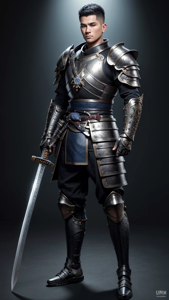 (((best quality))), (((ultra-detailed))), masterpiece, 8k, HD quality, add Details, 1boy, armor, full body armor, urban chamo armor, black buzz-cut hair, blue eyes, shoulder pads, samurai ((weapon)), masterpiece, best quality, highres, looking at viewer, full body, wide view,long shoot, standing, extremely detailed armor, intricate details, ultraquality, black background.