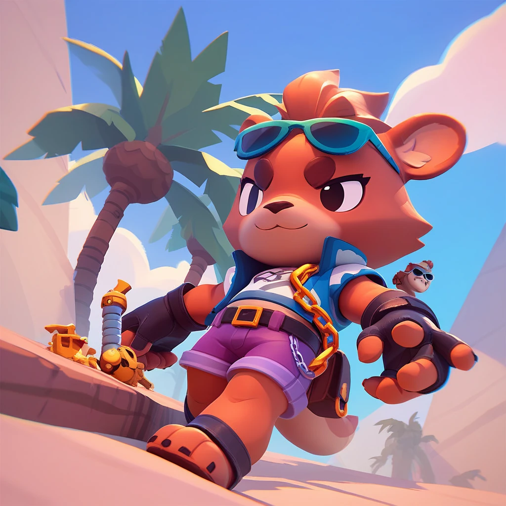 an anthropomorphic chain tree, sunglasses, wearing purple shorts and gloves, miniature