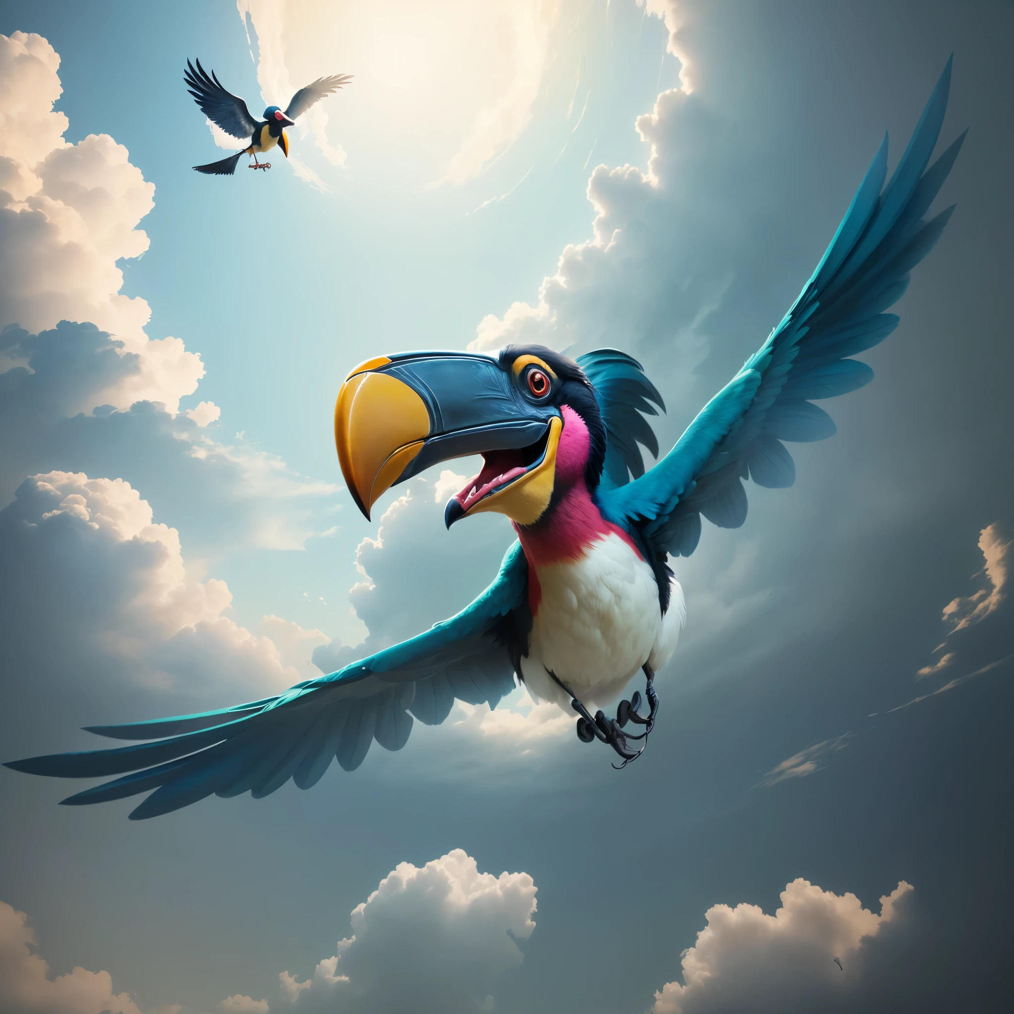 there is a bird that is flying in the air, toucan, character is flying, 3 d animated movie, cocky, pararel, blue arara, gonzo, morphing wings king vulture head, beware the jubjub bird, animated film, by Pixar, animated movie, pixar render, pixar art 3d, big beak