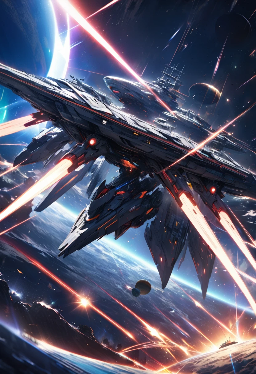 Huge futuristic sci-fi space battleship, asymmetrical curvaceous futuristic space battleship, surrounding a planet, powerful laser cannons at the planets, epic cosmic space battle, highly detailed, cinematic lighting, dramatic composition, vibrant colors, sharp focus, photorealistic, 16k, best quality