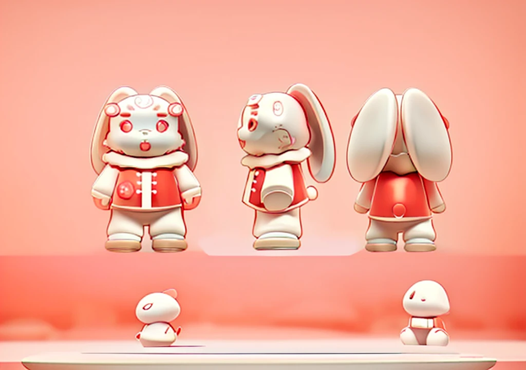 A cute white rabbit,Wearing a red Chinese chef dress,3D Modeling,3D Effect,Terracotta material,Clean color,Not rough,No noise,Regular facial features