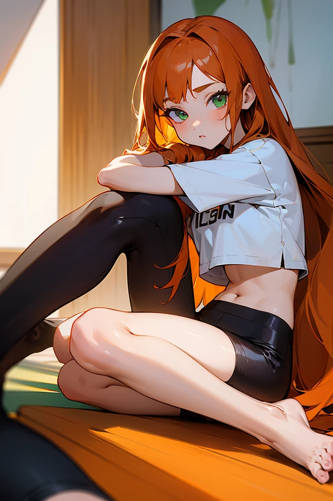 (masterpiece, best quality:1.2), 1  girl, young, 14 year oltting up on knees, on knees), tight white crop top, skin tight top, black leggings, yoga, feet, bare feet, orange hair, green eyes, pale skin, cute, sweaty, pouting