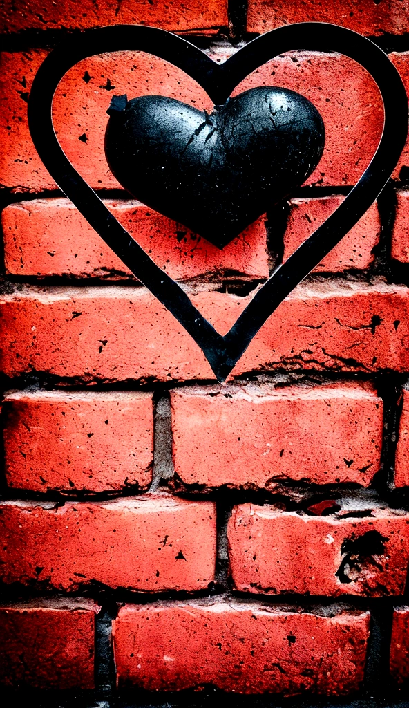 A black heart symbol with scratches and bleeding, in the dark, stuck to the red brick wall. scratched, injured and bleeding, wounds and blood, looks realistic, professional photography, dim lighting, best work, natural