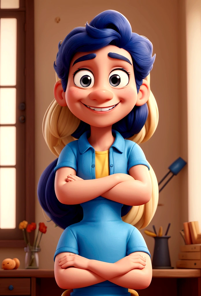 A cartoon character smiling with arms crossed