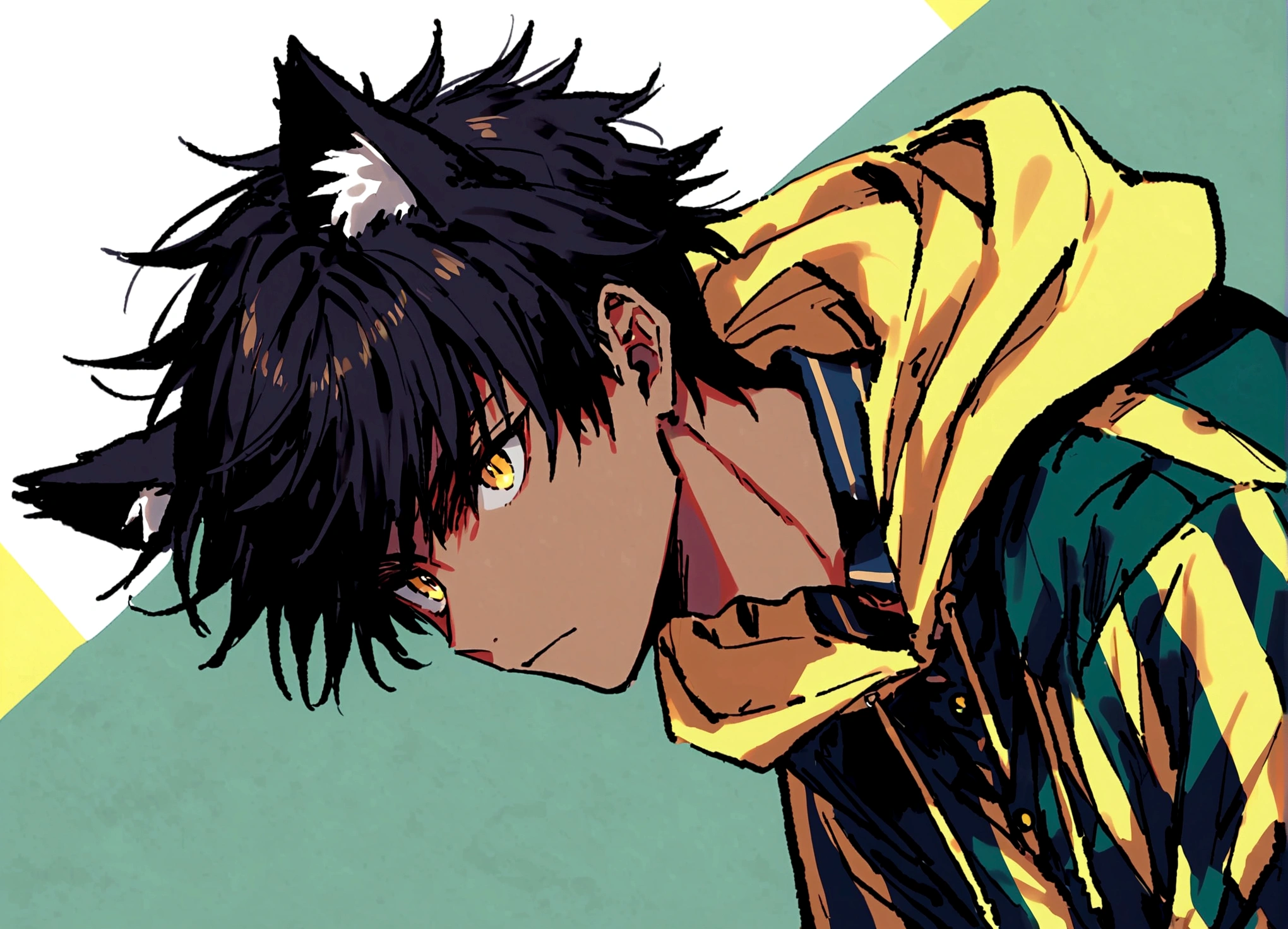 Tanned male, 18 years old, long black hair, yellow hoodie, cat ears