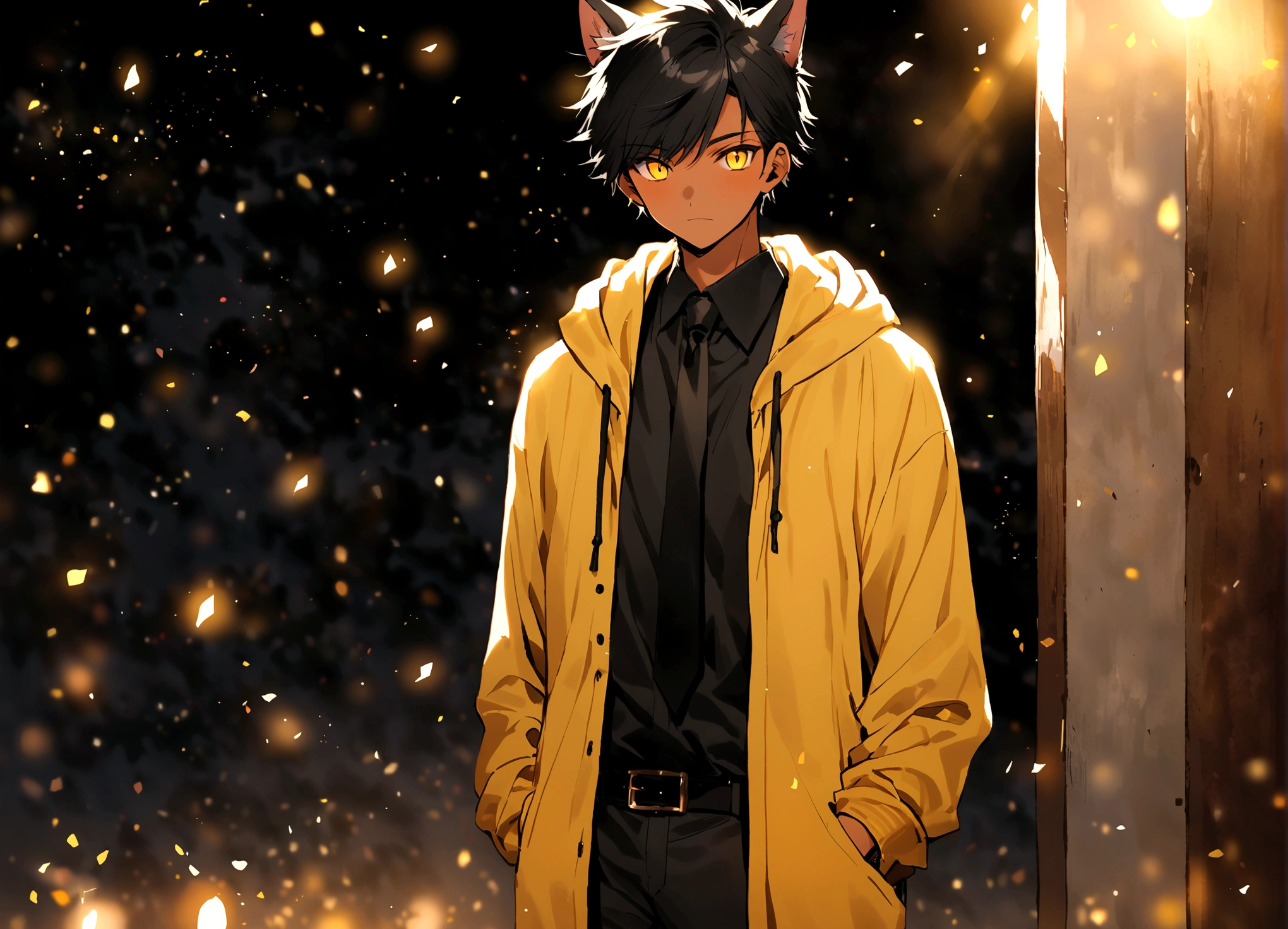 Tanned male, 18 years old, long black hair, yellow hoodie, cat ears