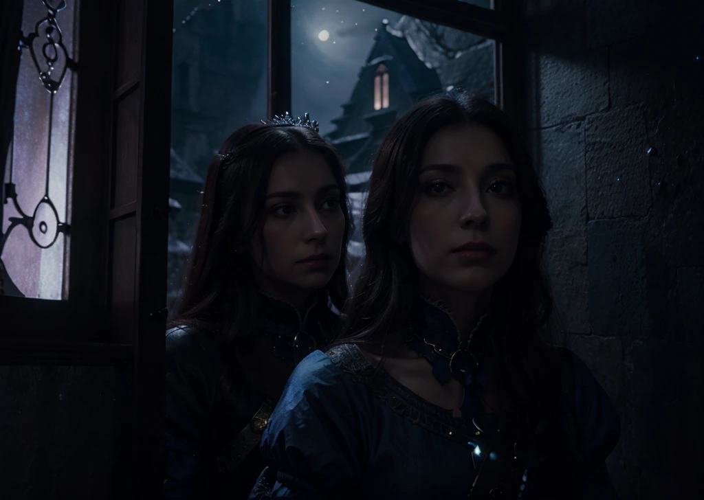 Hyperrealistic 8k high detail fantasy realm under moonlight, a spectre of a prince looking lost under window, from the pov of a queen of night, looking up at a familiar yet heartaching shadow, queen looking at prince, a long lost person in memory