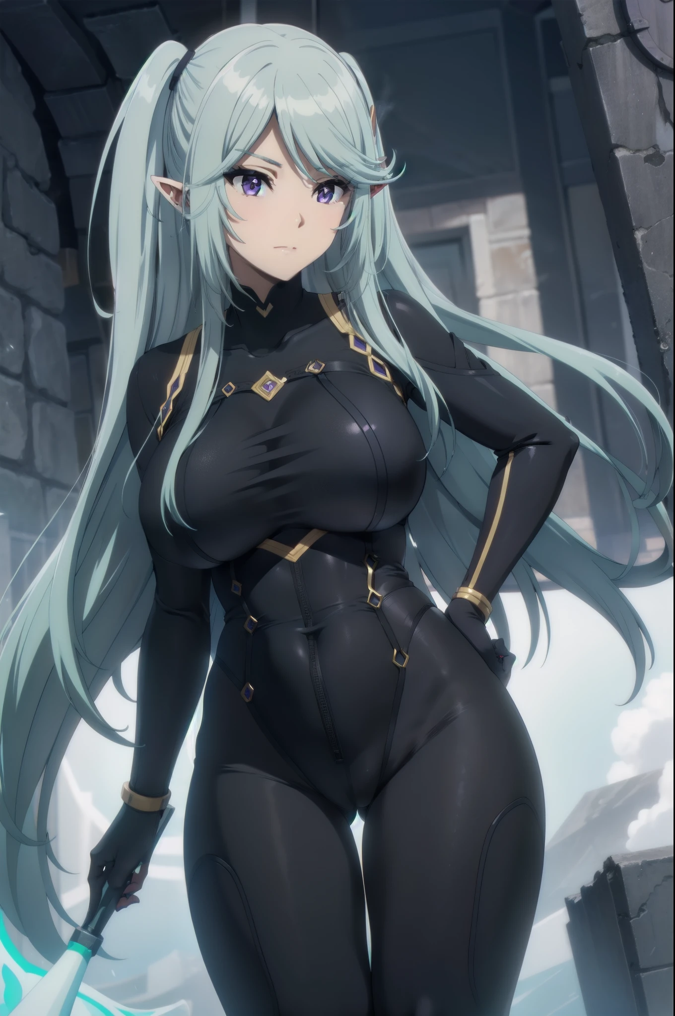 dark blue hair,,long hair,purple eyes,pointy ears,elf,((black tight body suit)),big breast,wide hips
