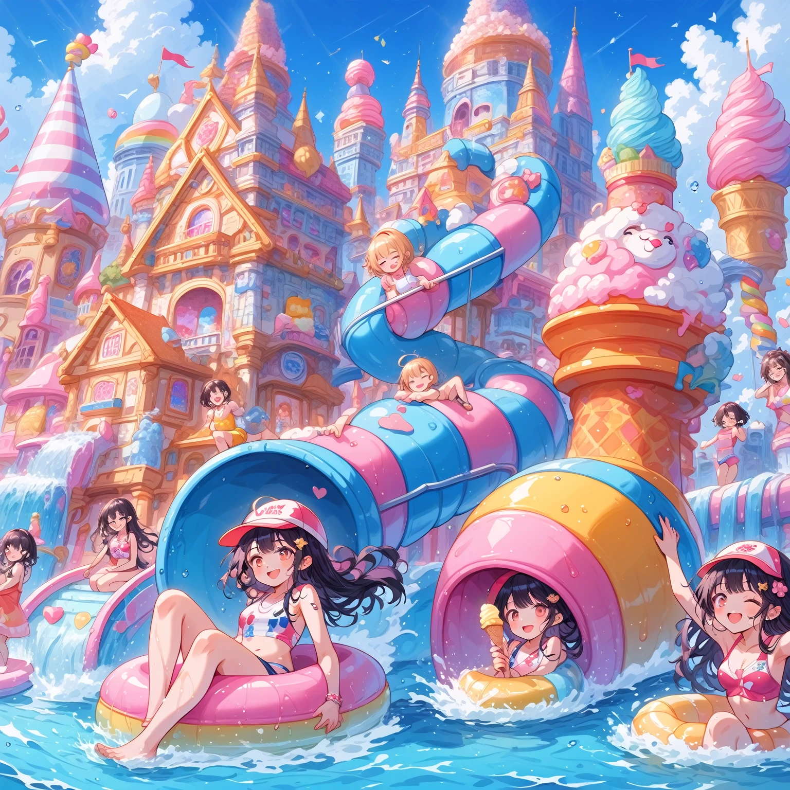 score_9, score_8_up, score_7_up, source_anime,masterpiece, best quality, high resolution, extremely detailed CG, absurdres, highres, A dreamy water playground, all the buildings are made of ice cream, the ice cream castle is colorful, and girls in swimsuit is sliding down the water slide, very happy, neondskdrmsxl, babycreamxl