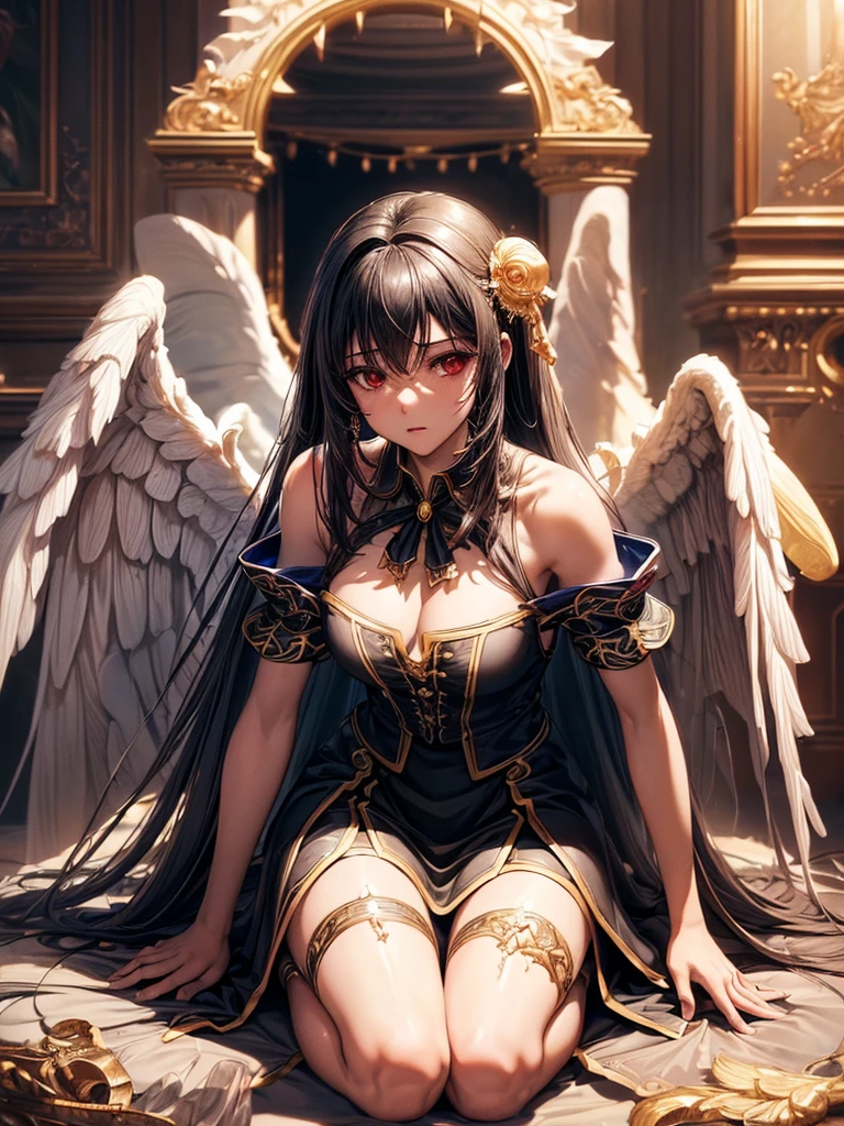 ((best quality)),(Ultra-high resolution),(Super detailed),(Detailed description),((Best CG))(Fantasy art with precise details:1.5), Black Hair，European classical long dress，(1 Female Angel:1.6),Angel Wings，side，Injuried，Blood，Kneel down，Serious expression