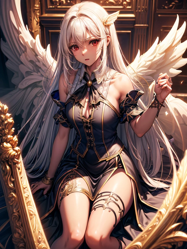 ((best quality)),(Ultra-high resolution),(Super detailed),(Detailed description),((Best CG))(Fantasy art with precise details:1.5), Black Hair，European classical long dress，(1 Female Angel:1.6),Angel Wings，side，Injuried，Blood，Kneel down，Serious expression