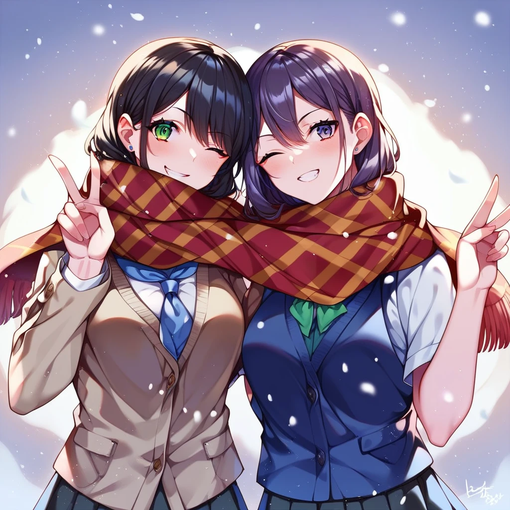 score_9,score_8_up,score_7_up,masterpiece,best_quality,
source_anime,
shared_scarf,
2girls,
wink,
school_uniform,
head_tilt,
peace_sign,
snowing,
 