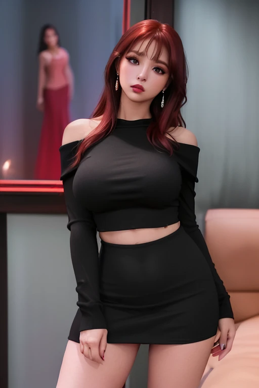 4k-ultra realistic 、highest quallity, dream-like atmosphere, ultra high resolution, (reality: 1.4), hot girl, sultry eyes, Off-the-shoulder sweater dresses, cinematic lighting、Realistic red hair、(my girl、gothic makeup、mine makeup)、(Pierced Ears、breasts big、Oversized black t-shirt with open shoulders and dark mini skirt) very sexy、((dark make-up、greasy skin, shining skin、textura de pele realista、detailed beautiful skin、shining skin)), big haunches, thick-thighs, legs thick, dark area downtown at night、room  、comely 、(Accurate shot:1.8)、legs thick 、warm arms、warm shoulders、sexy waist、hot sexy body、breasts big、whole body  