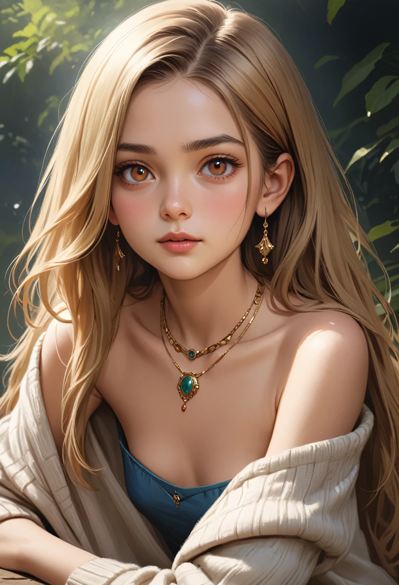 ((masterpiece,Highest quality;1.3,best illustration,realistic:0.8)),a Shouth Indian cute girl,ar old,lo, long hair, small breasts, looking at viewer, blonde hair, bare shoulders, brown eyes,gorgeous eyes,(very small head:1.3,toned body,slender body), jewelry, full body, necklace, off shoulder, sweater, lips, realistic, nose, flirting,