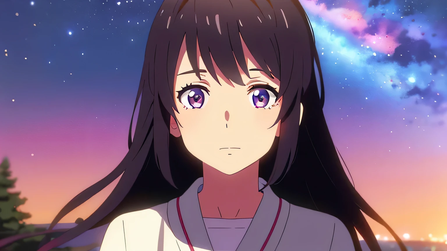 (masterpiece:1.6, Highest quality), (Beautiful, detailed eyes: 1.2), colorful, shinkai makoto, Kimi No Na Wa.,Starry Sky,Riverbank