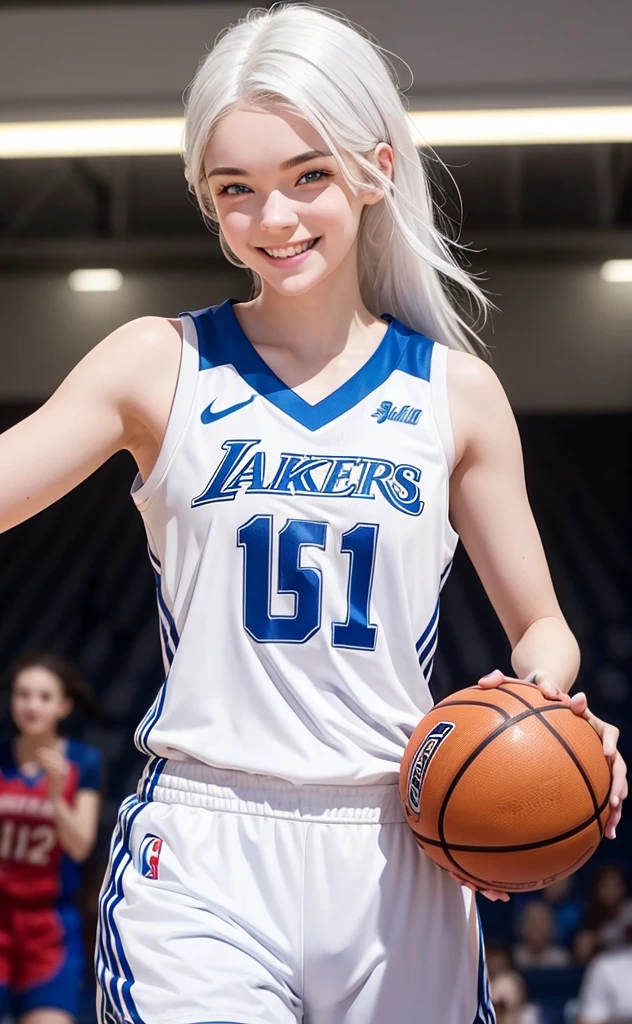 Basketball player,   girl with white hair, white skin and blue eyes, smiling 