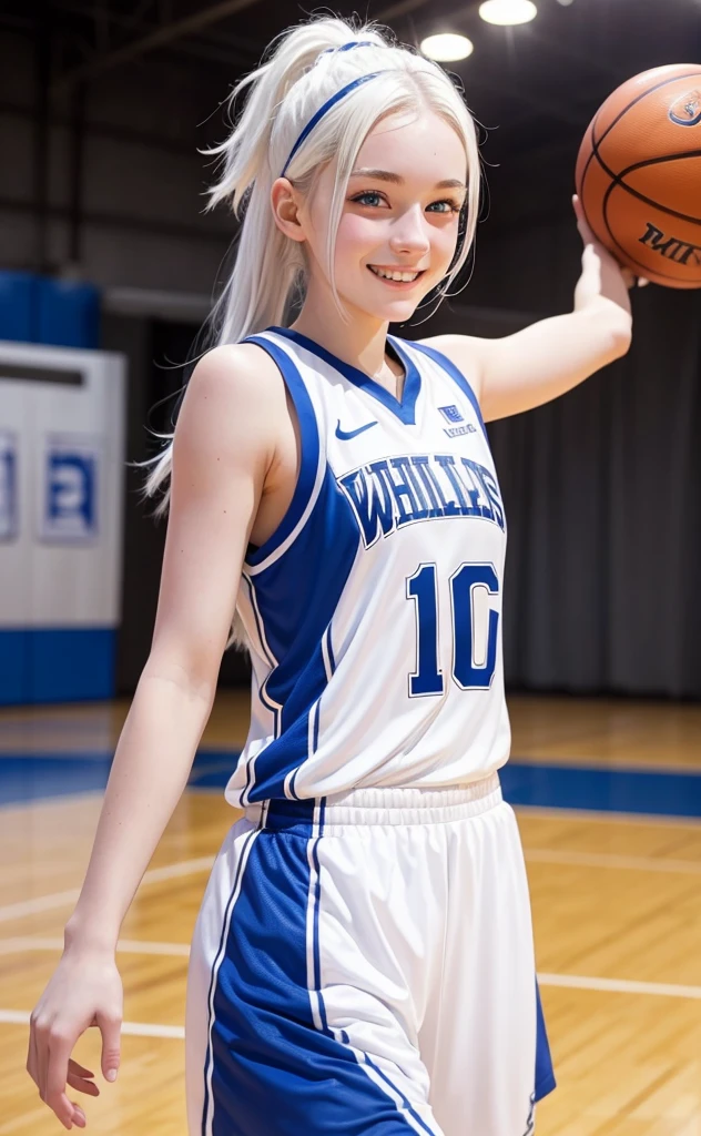 Basketball player, girl with white hair, white skin and blue eyes, smiling
