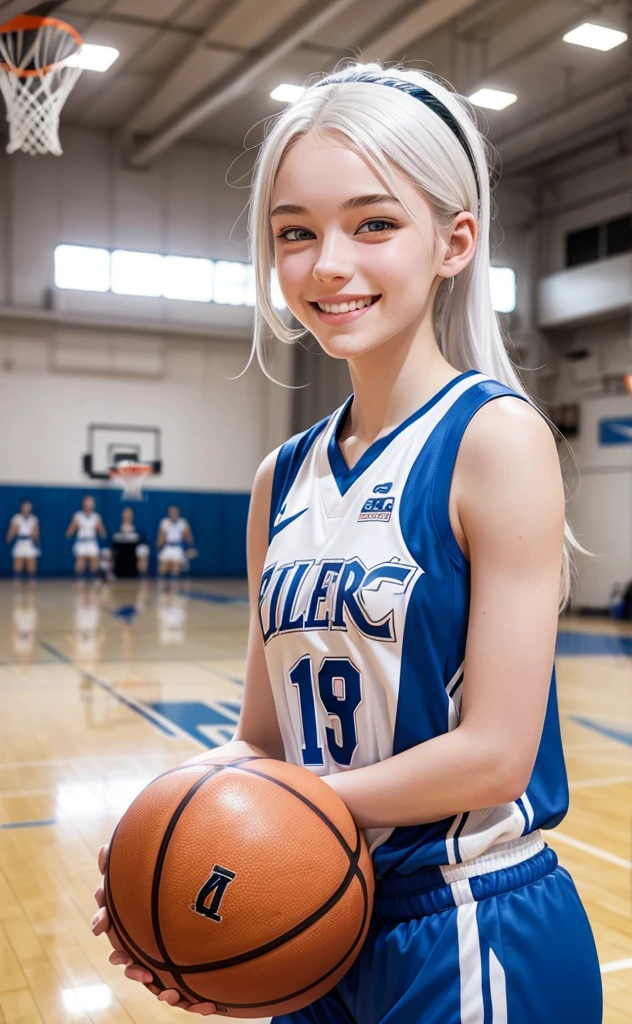 Basketball player, 16 year old girl with white hair, white skin and blue eyes, smiling