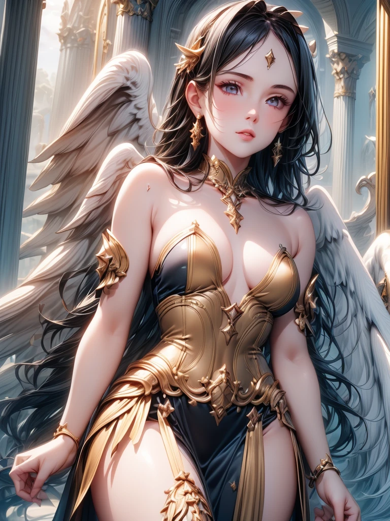 ((best quality)),(Ultra-high resolution),(Super detailed),(Detailed description),((Best CG))(Fantasy art with precise details:1.5), Black Hair，European classical long dress，(1 Female Angel:1.6),Angel Wings，side，Injuried，Blood，，Serious expression