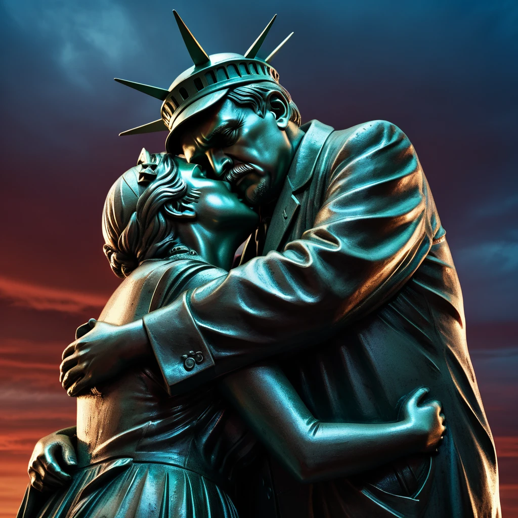photorealistic, surreal, paradox, statue of liberty, statue of lenin, hugging, kissing, intricate details, highly detailed, dramatic lighting, cinematic composition, moody atmosphere, chiaroscuro, complementary colors