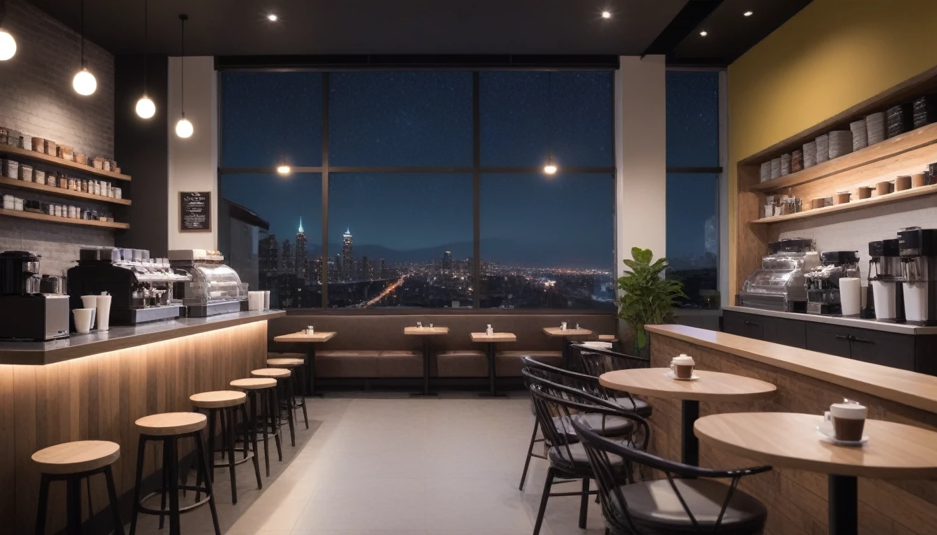 at night, front shot coffee shop interior, tables with coffee cups, and a big window in the center