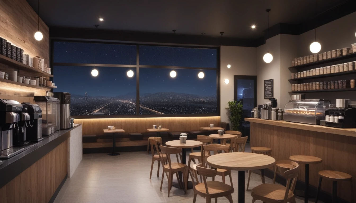 at night, front shot coffee shop interior, tables with coffee cups, and a big window in the center