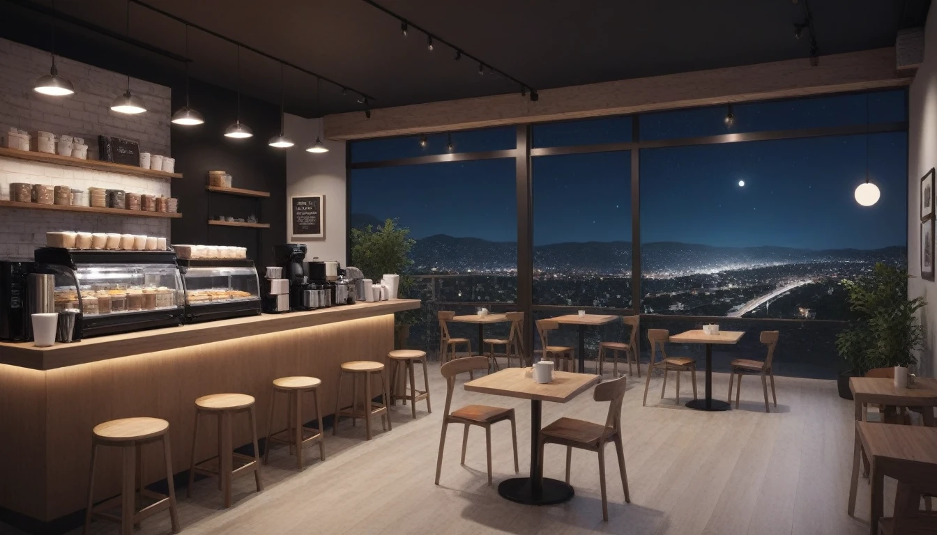 at night, front shot coffee shop interior, tables with coffee cups, and a big window in the center