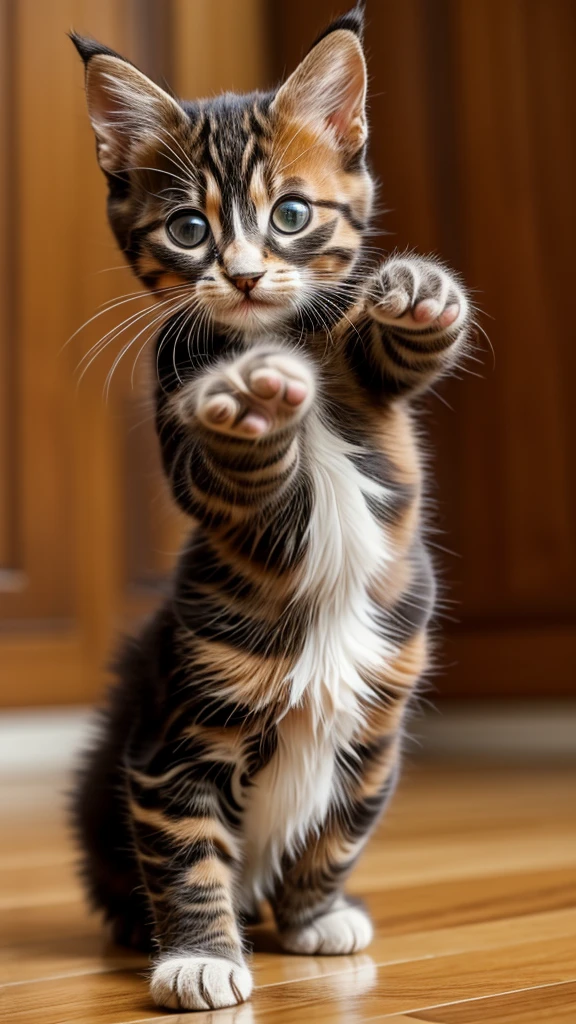 Kitten, cute gestures, movement. Tortoiseshell cat, 4k