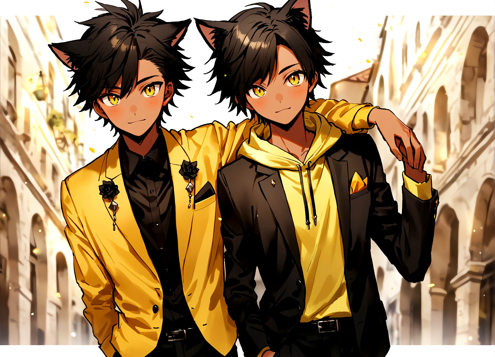 Tanned male, 18 years old, long black hair, yellow hoodie, cat ears