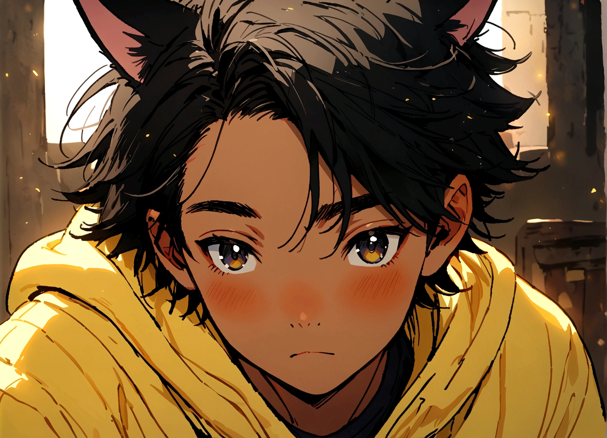 Tanned male, 18 years old, long black hair, yellow hoodie, cat ears