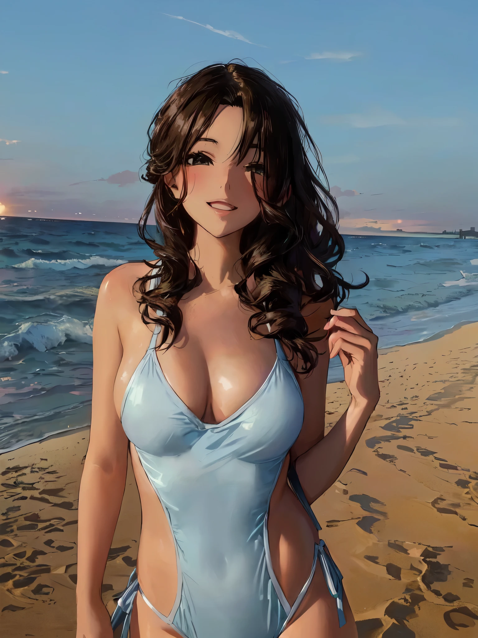 Anime girl, waved hair, in a swimsuit, on the beach, evening, anime style