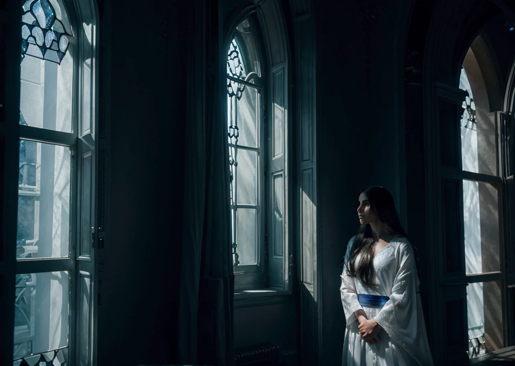 Hyperrealistic 8k high detail fantasy realm under moonlight, a spectre of a prince in white robes, looking lost under window, from the pov of a queen of night, looking up at a familiar yet heartaching shadow, dark queen looking at masculine but cold prince, a long lost person in memory