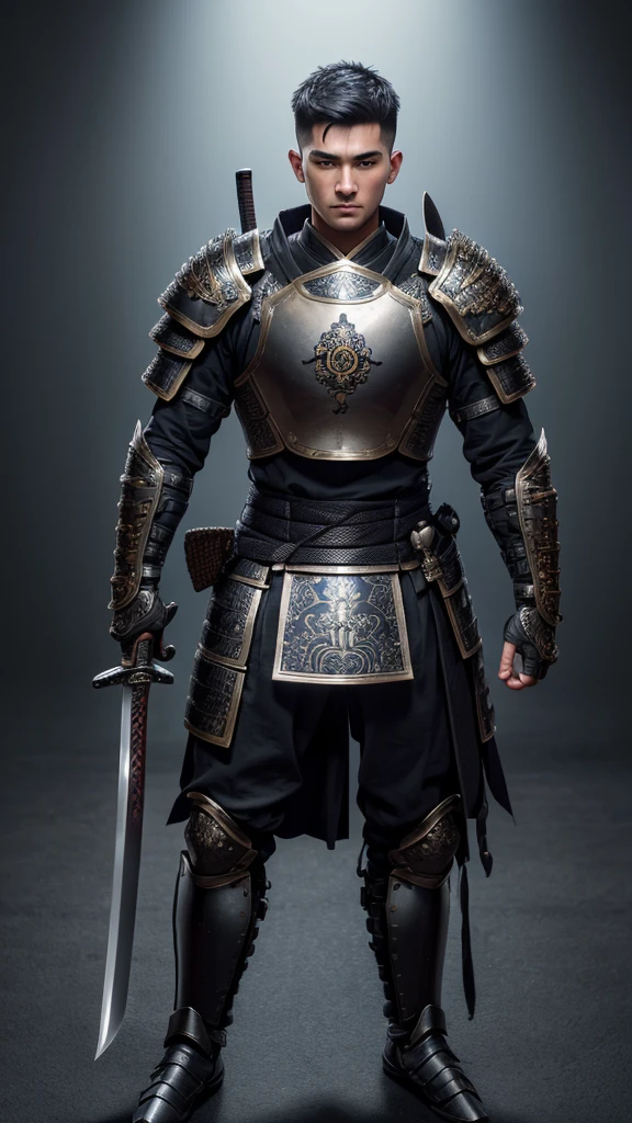 (((best quality))), (((ultra-detailed))), masterpiece, 8k, HD quality, add Details, 1boy, armor, full body armor, urban-chamouflage armor, black buzz-cut hair, blue eyes, shoulder pads, samurai ((weapon)), masterpiece, best quality, highres, looking at viewer, full body, wide view,long shoot, standing, extremely detailed armor, intricate details, ultraquality, black background.