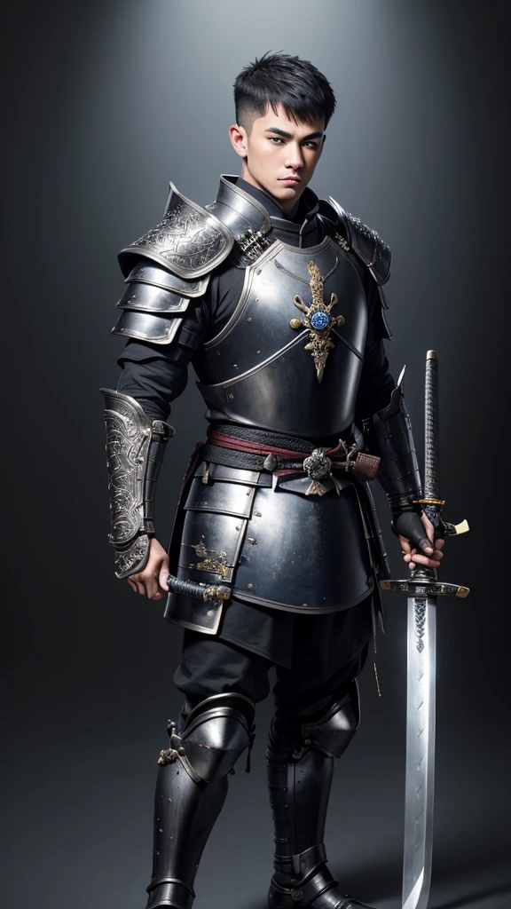 (((best quality))), (((ultra-detailed))), masterpiece, 8k, HD quality, add Details, 1boy, armor, full body armor, urban-chamouflage armor, black buzz-cut hair, blue eyes, shoulder pads, samurai ((weapon)), masterpiece, best quality, highres, looking at viewer, full body, wide view,long shoot, standing, extremely detailed armor, intricate details, ultraquality, black background.